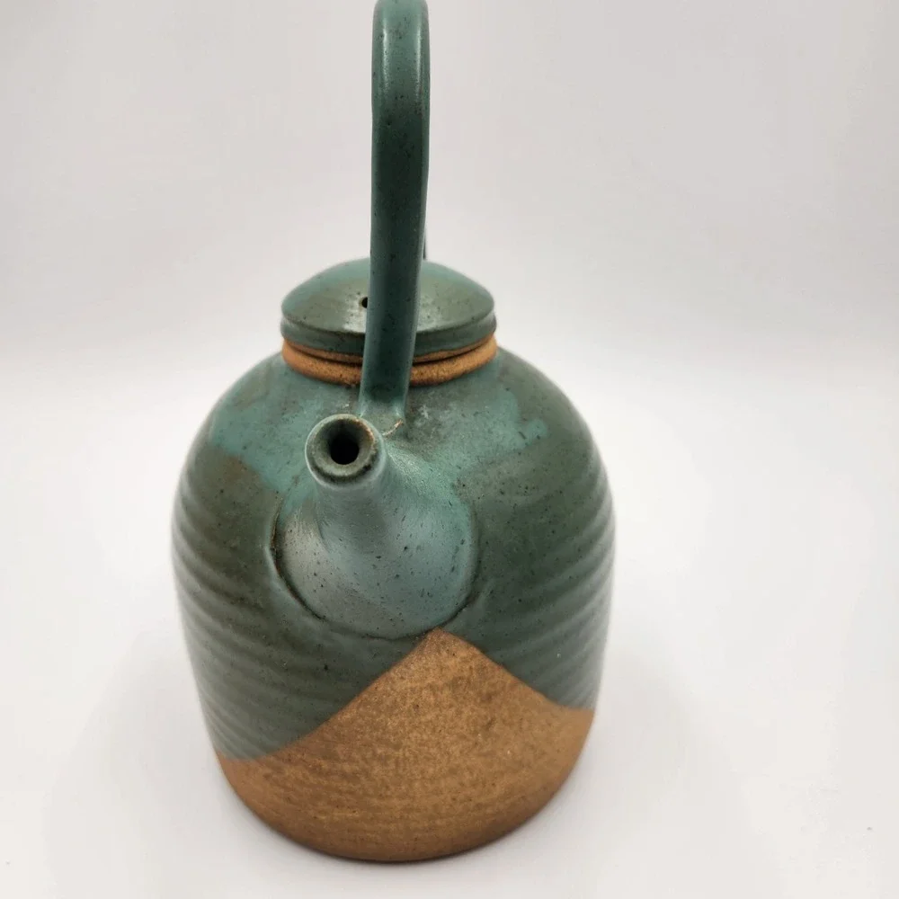 Mounce Studio Pottery Teapot Teal Green Glazed Signed 10.5in Wabi Sabi Organic